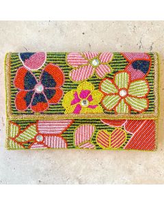 Olive Flower Beaded Clutch