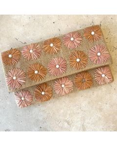 Raffia Brown Daisy Clutch