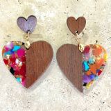 Wooden and Acrylic heart earrings pink