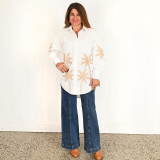 Hannah Long Sleeve white Shirt with Tan Palm embroidery