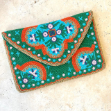 Teal Flower Mexican Beaded Clutch