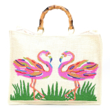 Jute Beaded Flamingo Tote Bag