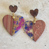 Wooden and acrylc heart earrings blue