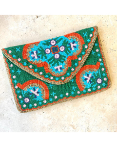 Teal Flower Mexican Beaded Clutch