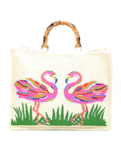 Jute Beaded Flamingo Tote Bag