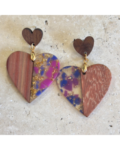 Wooden and acrylc heart earrings blue