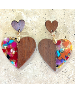 Wooden and Acrylic heart earrings pink