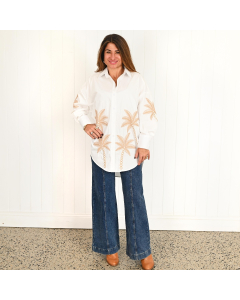 Hannah Long Sleeve white Shirt with Tan Palm embroidery