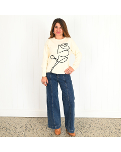 Eliana Cream jumper with black rose embroidery
