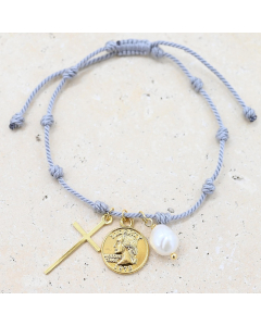 Woven Grey Bracelet- Cross, Coin Detailing